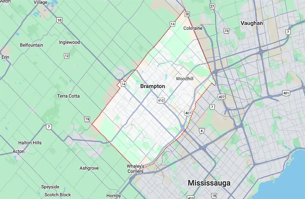 Brampton neighborhoods map - Hudson HVAC service area