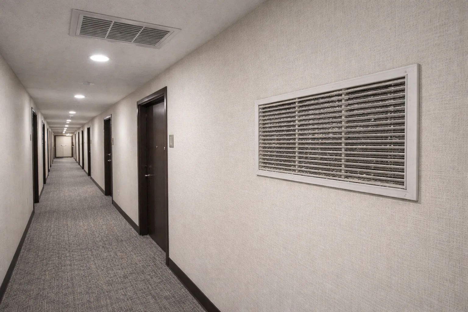 Dirty hallway grille requiring cleaning in Toronto condo