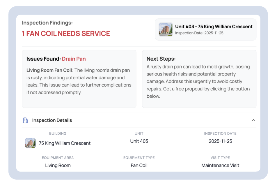 Hudson Dashboard showing fan coil next steps and recommendations