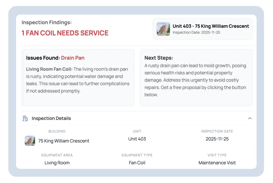 Hudson Dashboard showing fan coil next steps and recommendations