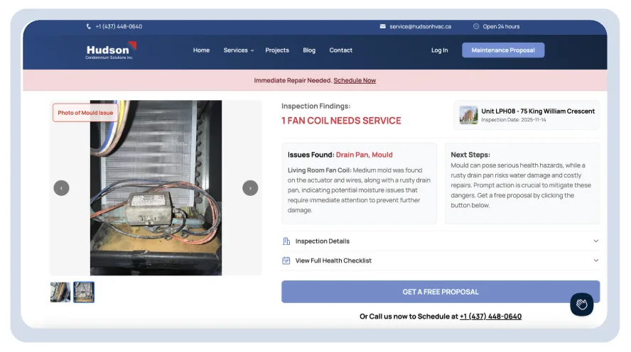 Hudson Resident Portal showing unit inspection report