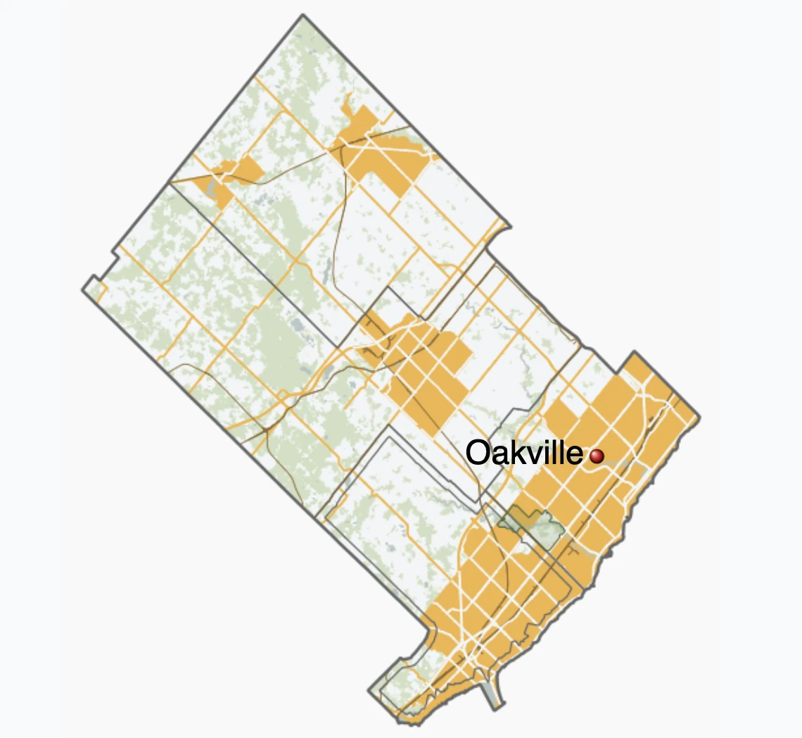 Oakville neighborhoods map - Hudson HVAC service area