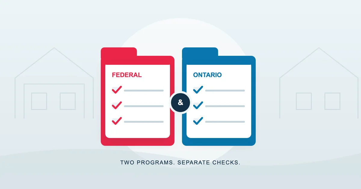 Editorial illustration of separate red Federal and blue Ontario folders with checklists.