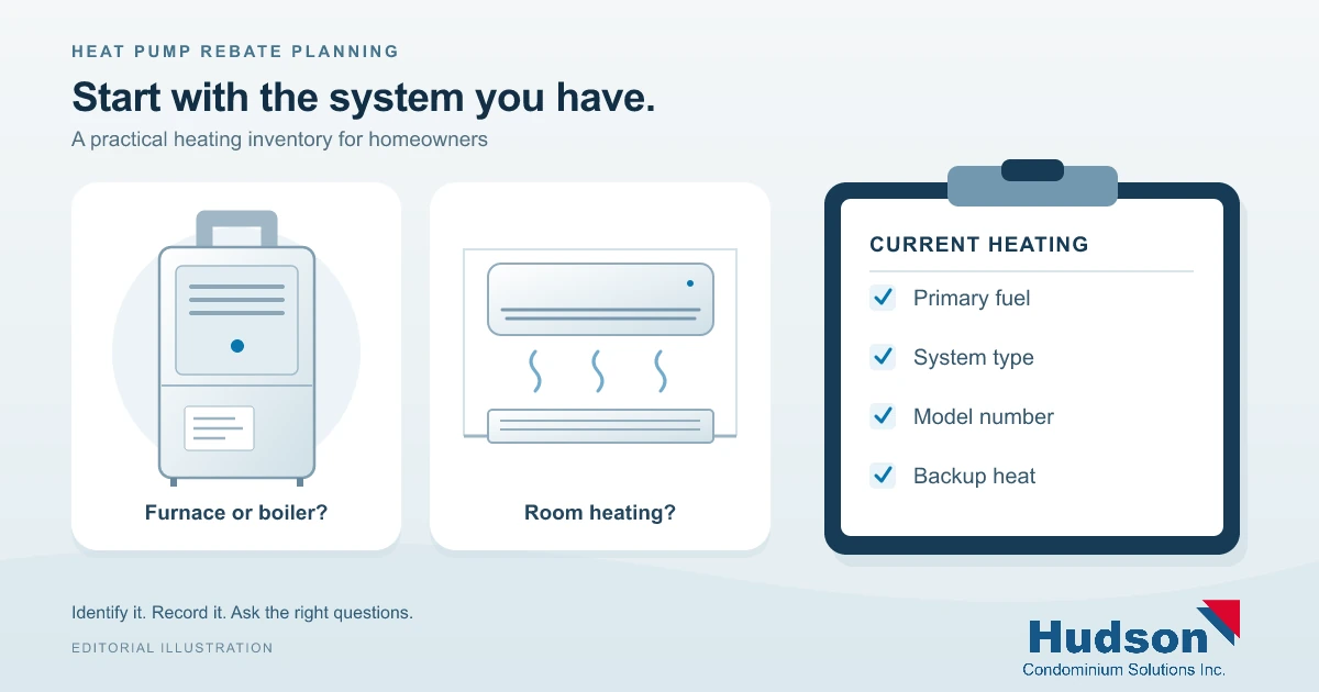 Editorial illustration of home heating equipment and an inventory checklist, with the Hudson logo.