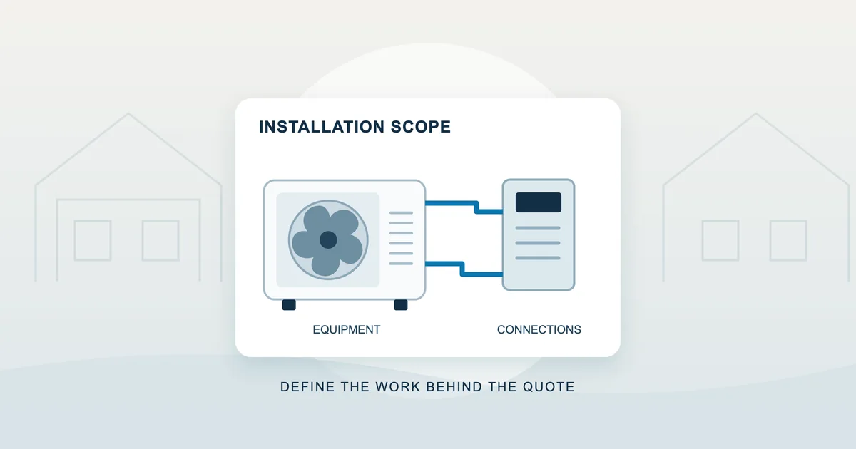 Editorial illustration of the equipment and work involved in planning a heat pump installation.