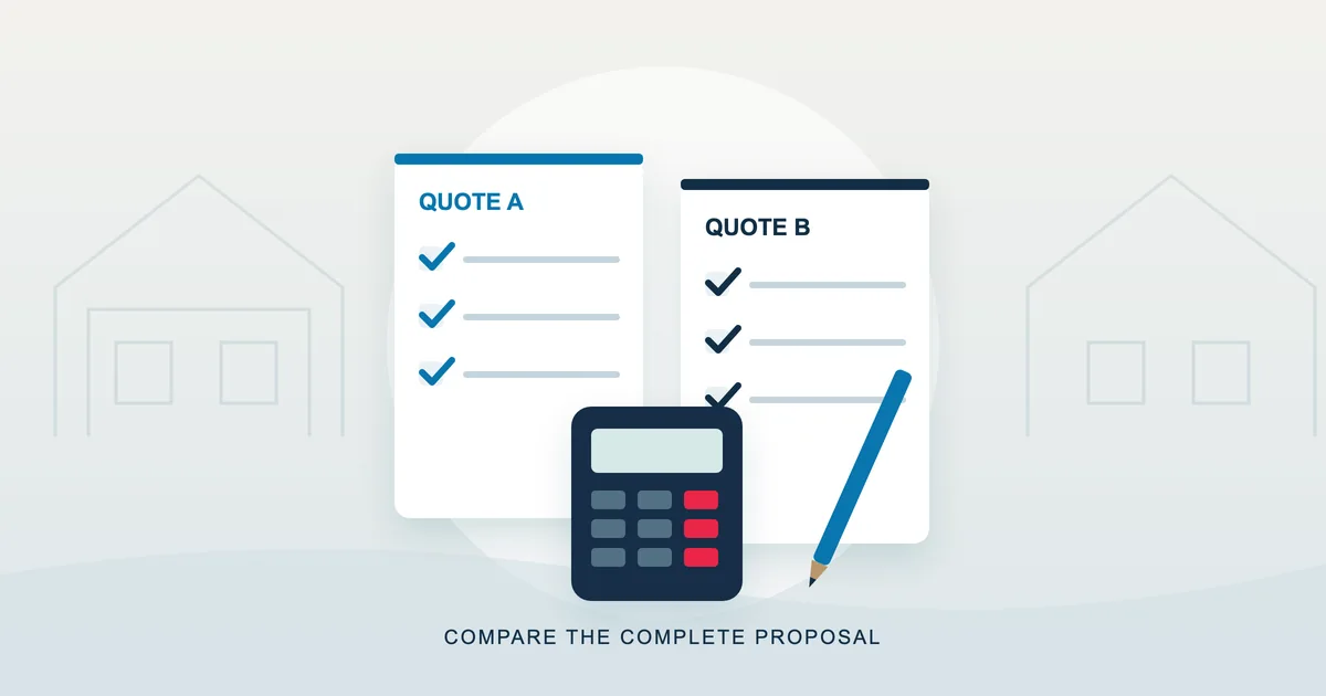 Editorial illustration of two heat pump quotes, a calculator and a blue pencil.