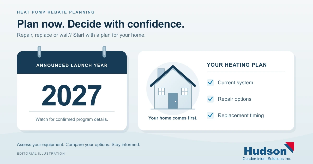 Editorial illustration of a calendar marked 2027 as the announced launch year and a home heating plan, with the Hudson logo.