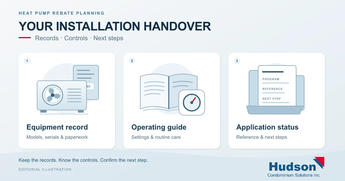 Hudson editorial illustration of three installation handover folders: equipment record, operating guide and application status.