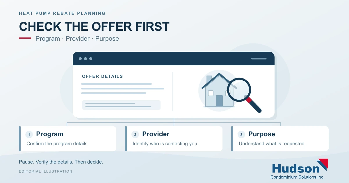Editorial illustration of an offer being checked against program, provider and purpose, with the Hudson logo.