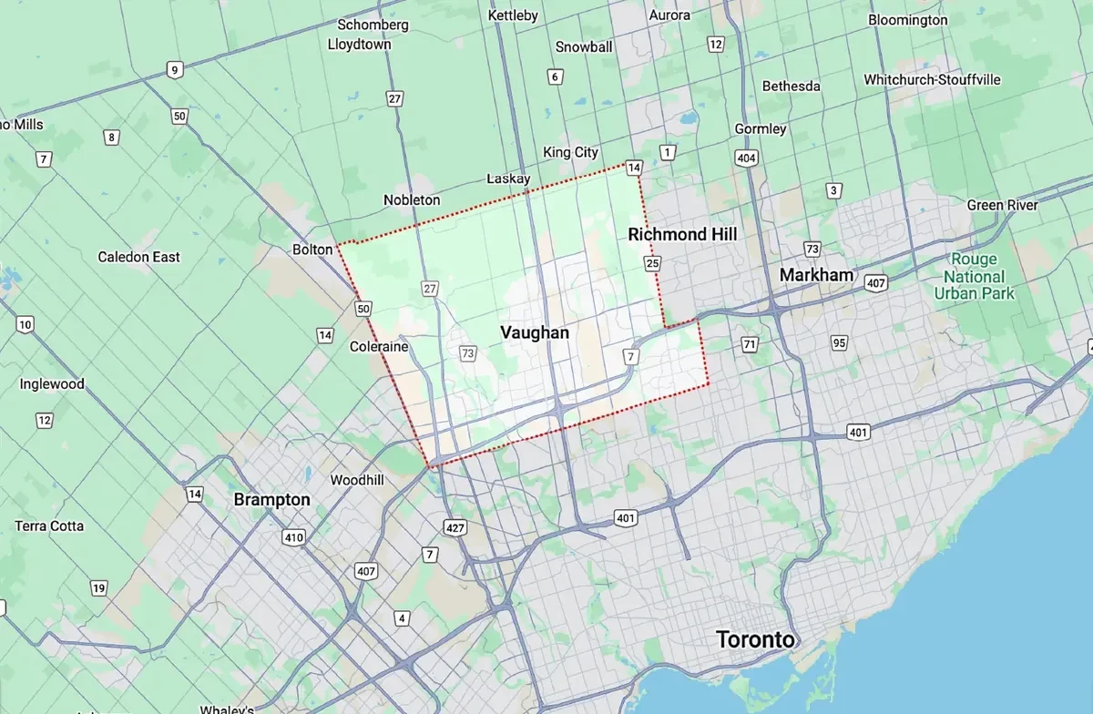 Vaughan neighborhoods map - Hudson HVAC service area